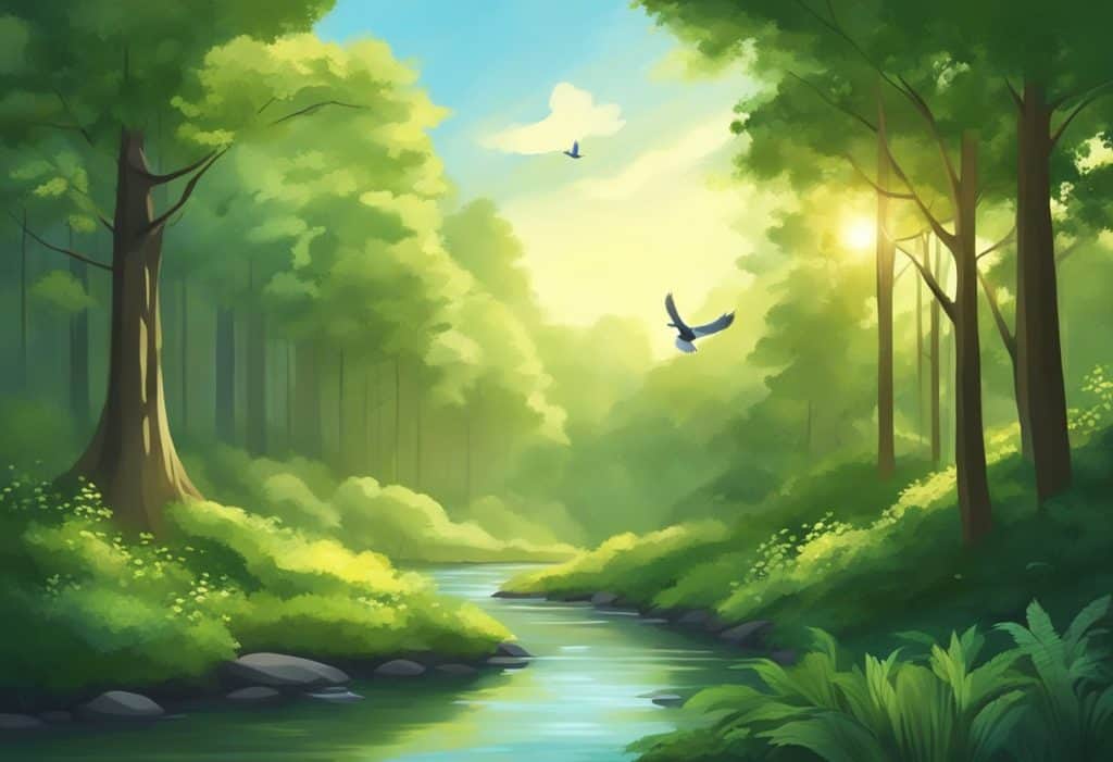 Lush green forest with a tranquil stream, birds chirping, and sunlight filtering through the trees. Peaceful atmosphere with a sense of calm and serenity
