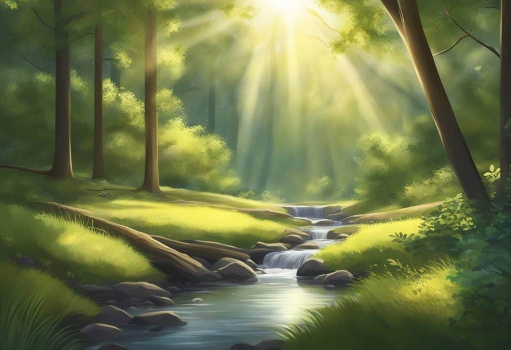 A serene forest clearing, with sunlight filtering through the trees, birds chirping, and a gentle stream flowing nearby