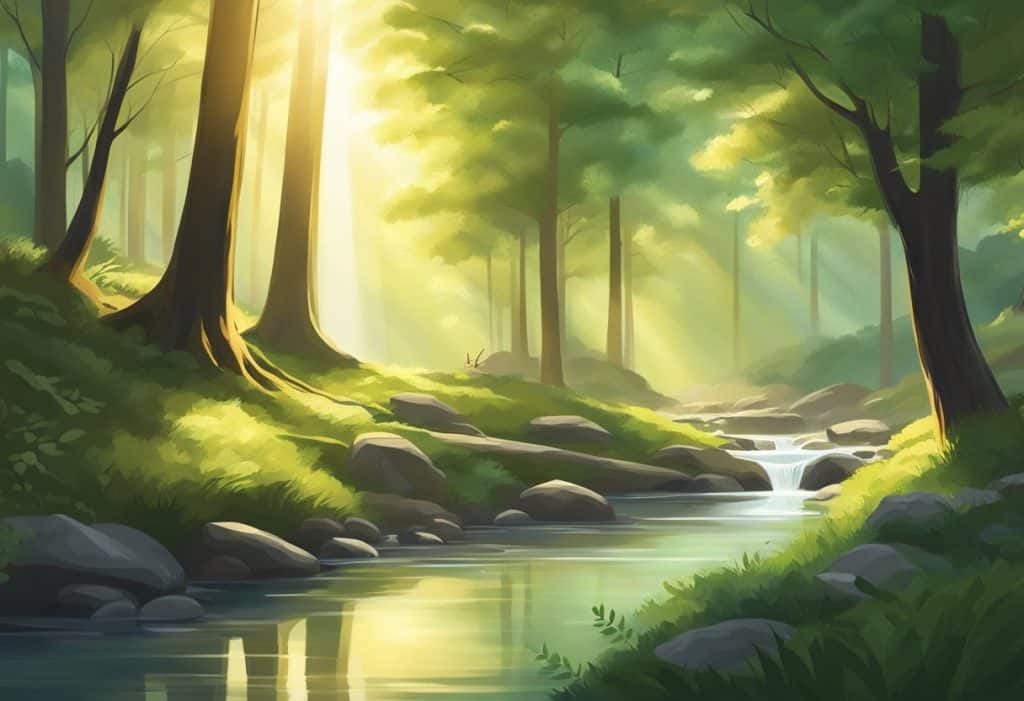 A serene forest clearing with sunlight filtering through the trees, birds chirping, and a peaceful stream flowing. An atmosphere of tranquility and connection with nature