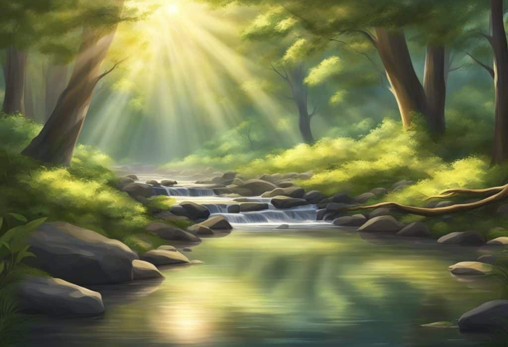 A serene forest clearing with sunlight filtering through the trees, birds chirping, and a gentle stream flowing, creating a peaceful atmosphere for meditation