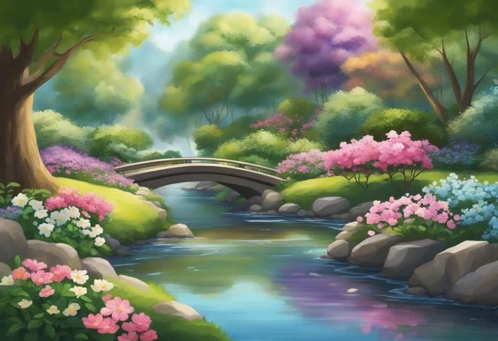 A serene garden with blooming flowers and flowing streams, evoking a sense of peace and tranquility