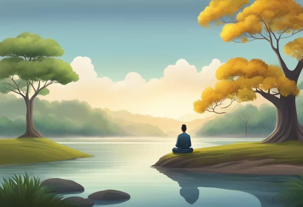 A serene landscape with a Bodhi tree, a calm river, and a meditating figure in the distance