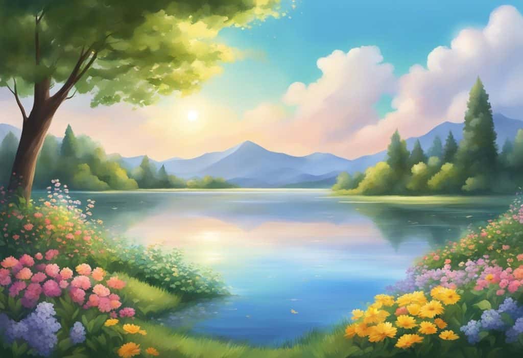 A serene landscape with a tranquil lake, surrounded by lush greenery and colorful flowers, under a clear blue sky with a few wispy clouds