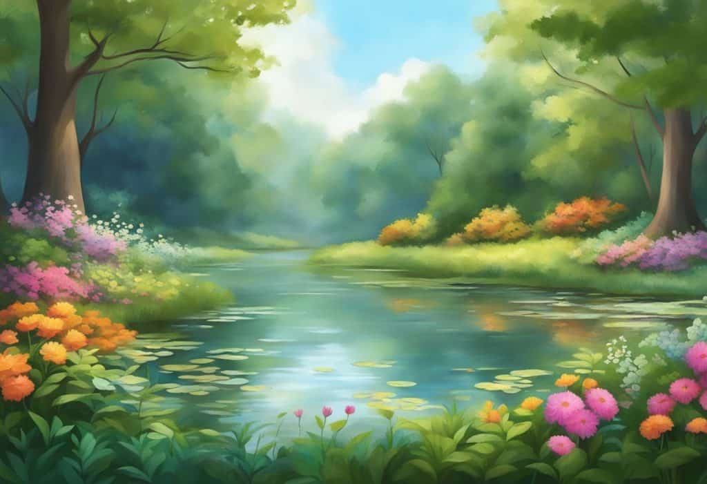 A serene forest clearing with a tranquil pond, surrounded by lush greenery and colorful flowers, with a gentle breeze rustling the leaves