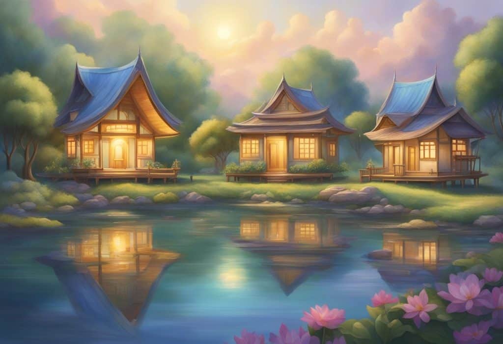 Four divine abodes, depicted as interconnected houses floating in a tranquil, celestial realm. Each house exudes a sense of loving-kindness, compassion, empathetic joy, and equanimity