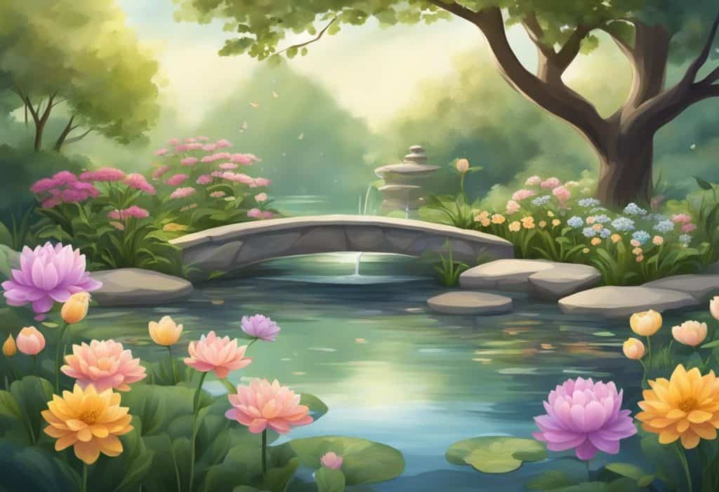 A serene garden with blooming flowers and a tranquil pond, surrounded by meditative symbols and practical tools