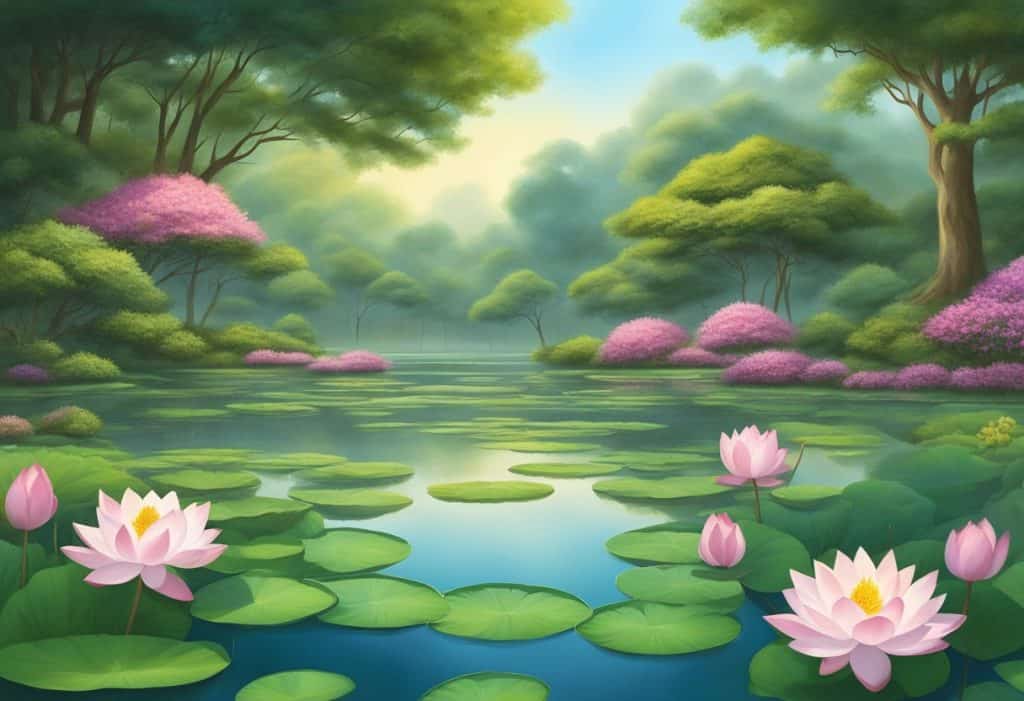 A serene garden with blooming lotus flowers and tall trees, symbolizing the brahmaviharas virtues of loving-kindness, compassion, empathetic joy, and equanimity