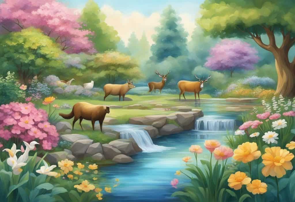 A serene garden with blooming flowers, flowing water, and peaceful animals, evoking a sense of personal and social transformation